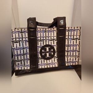 EUC Tory Burch Purple & Brown Ella Tote w/ Geometric Print & Patent Trim